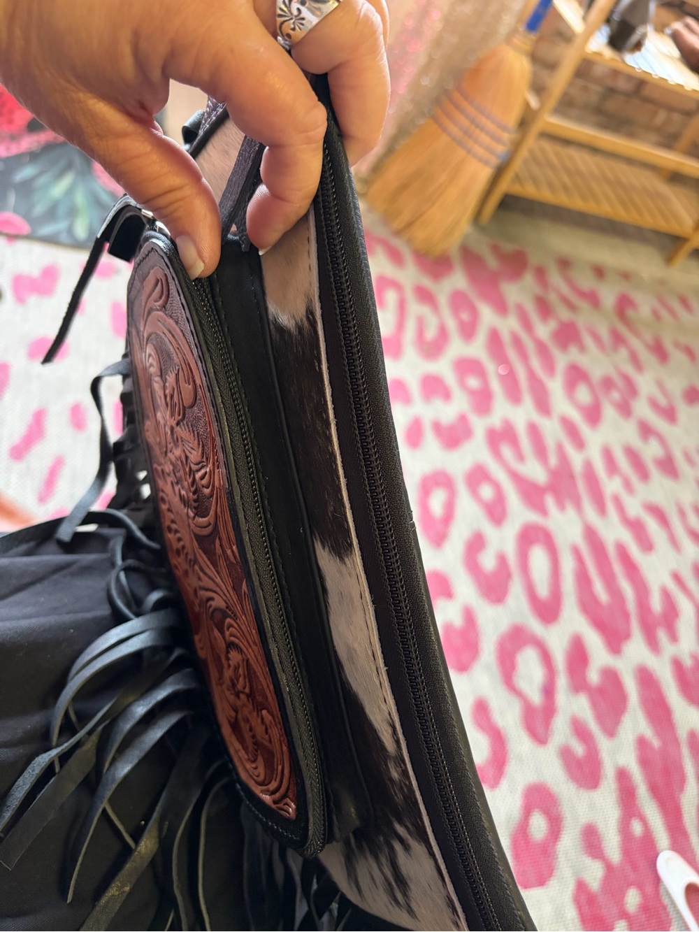 Black Leather Fringe Waist Bag with Tooled Leather and cowhide Accent - Picture 2 of 4